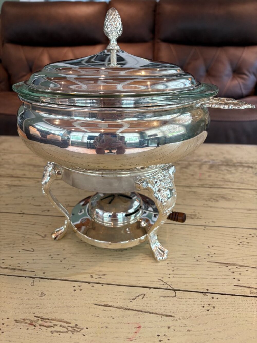 Vintage Silver Plated Chafing Dish with Stand, Lid, & Burner
